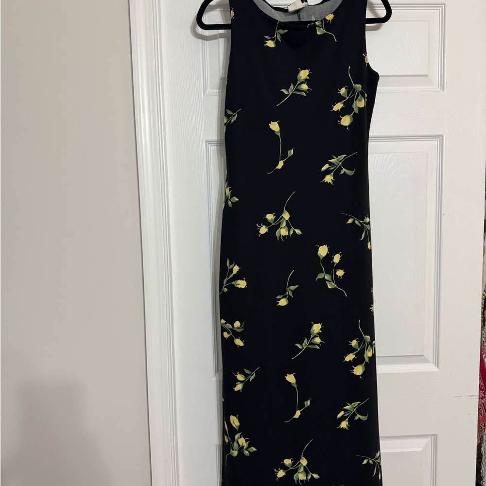 Vintage Jalate Floral Black and Yellow Sleeveless Dress